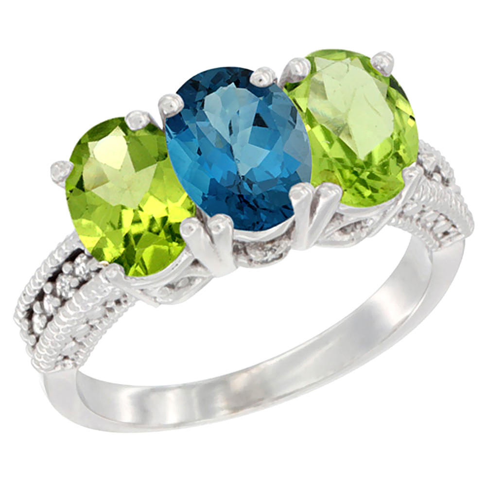 10K White Gold Natural London Blue Topaz & Peridot Sides Ring 3-Stone Oval 7x5 mm Diamond Accent, sizes 5 - 10