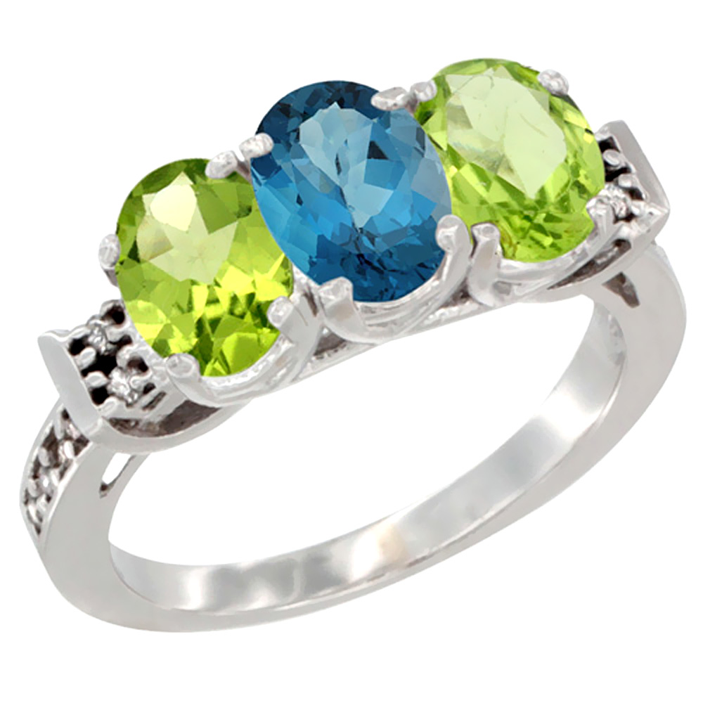 14K White Gold Natural London Blue Topaz &amp; Peridot Sides Ring 3-Stone 7x5 mm Oval Diamond Accent, sizes 5 - 10