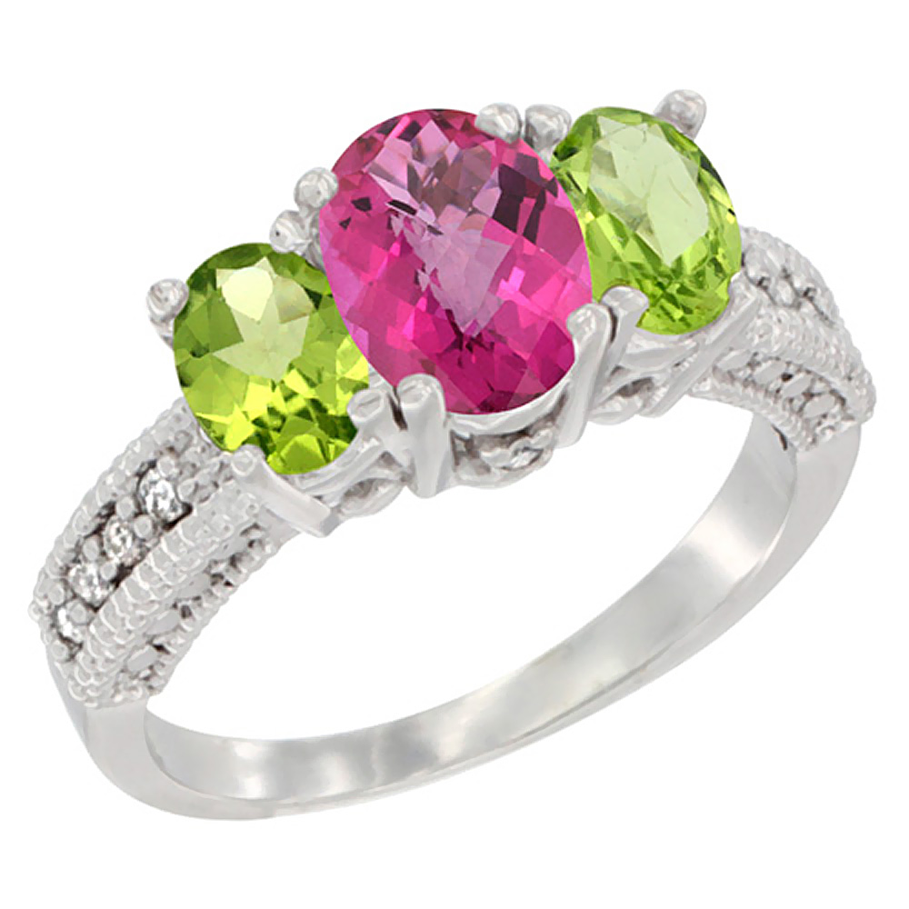 10K White Gold Diamond Natural Pink Topaz Ring Oval 3-stone with Peridot, sizes 5 - 10