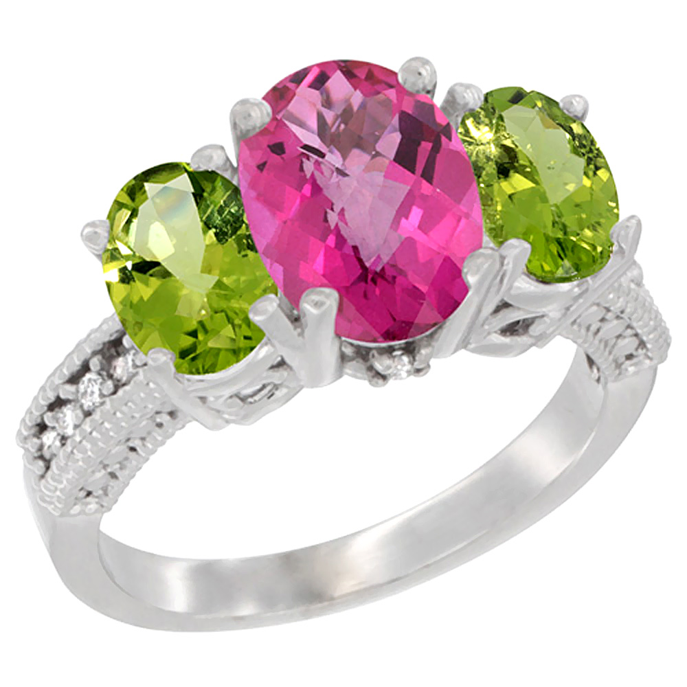 10K White Gold Diamond Natural Pink Topaz Ring 3-Stone Oval 8x6mm with Peridot, sizes5-10