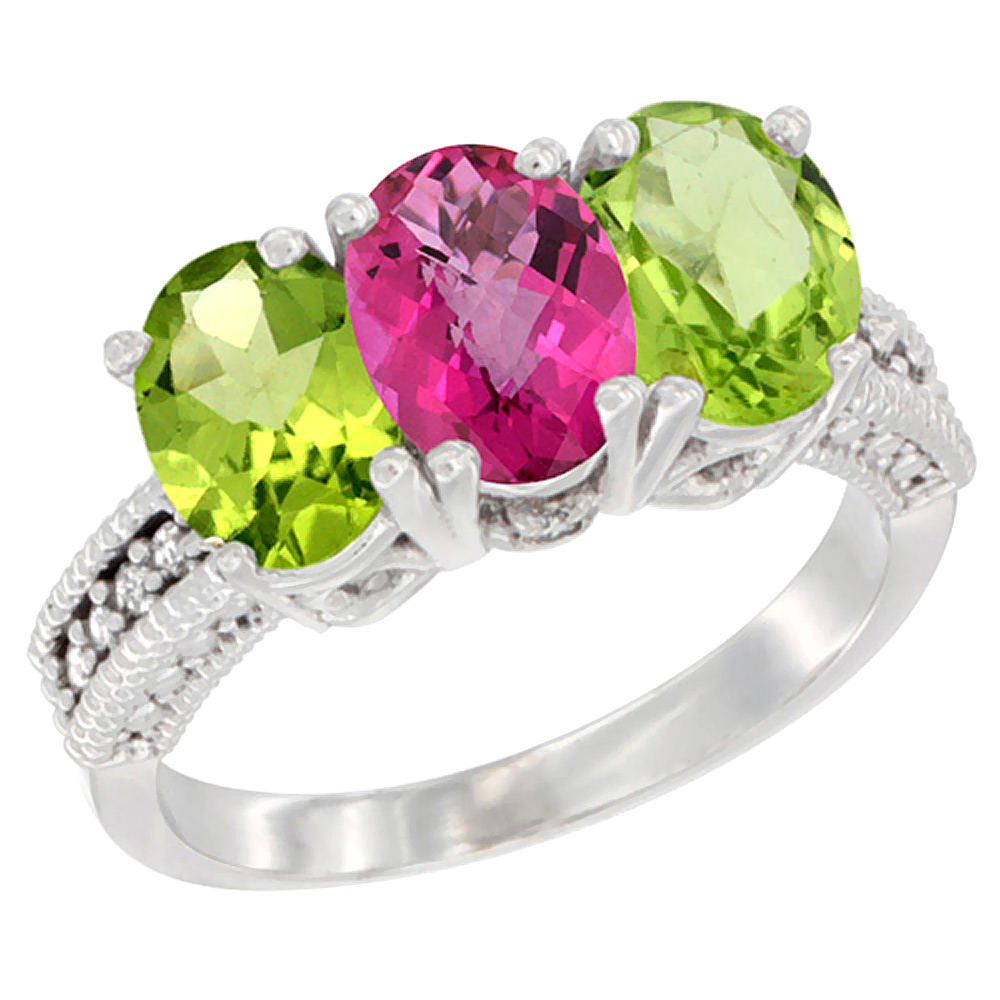10K White Gold Natural Pink Topaz &amp; Peridot Sides Ring 3-Stone Oval 7x5 mm Diamond Accent, sizes 5 - 10