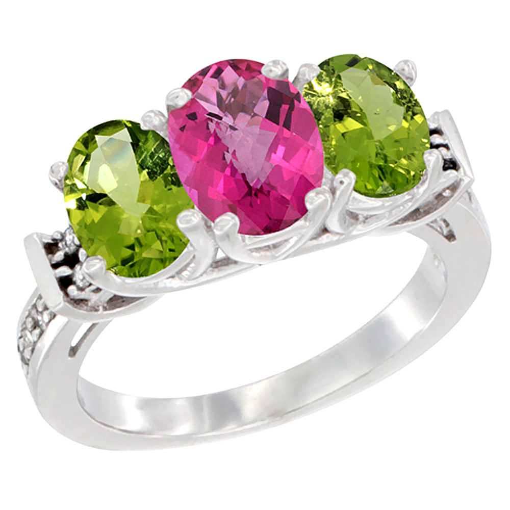 10K White Gold Natural Pink Topaz & Peridot Sides Ring 3-Stone Oval Diamond Accent, sizes 5 - 10