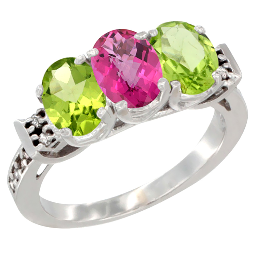 14K White Gold Natural Pink Topaz & Peridot Sides Ring 3-Stone 7x5 mm Oval Diamond Accent, sizes 5 - 10