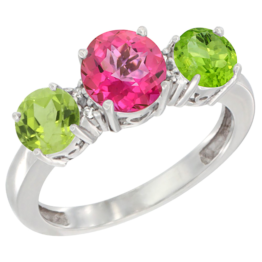 14K White Gold Round 3-Stone Natural Pink Topaz Ring & Peridot Sides Diamond Accent, sizes 5 - 10