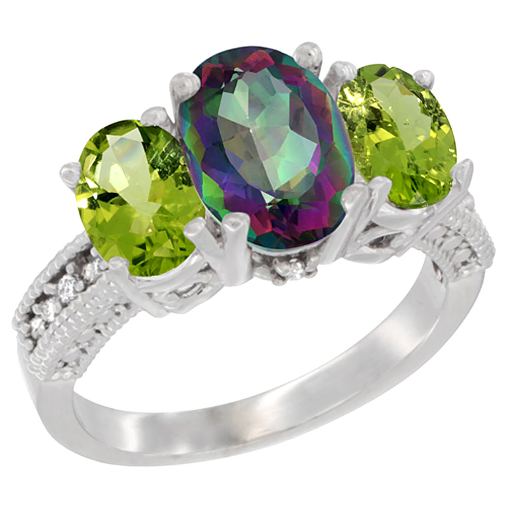 14K White Gold Diamond Natural Mystic Topaz Ring 3-Stone Oval 8x6mm with Peridot, sizes5-10