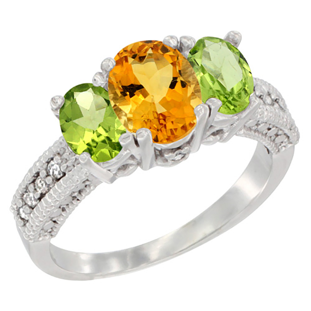 10K White Gold Diamond Natural Citrine Ring Oval 3-stone with Peridot, sizes 5 - 10