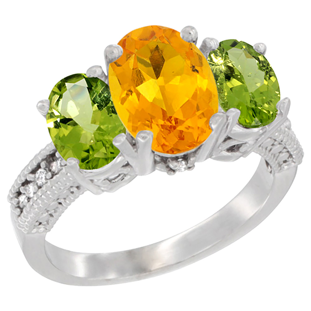 10K White Gold Diamond Natural Citrine Ring 3-Stone Oval 8x6mm with Peridot, sizes5-10