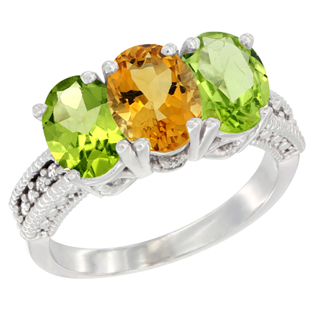14K White Gold Natural Citrine &amp; Peridot Sides Ring 3-Stone 7x5 mm Oval Diamond Accent, sizes 5 - 10
