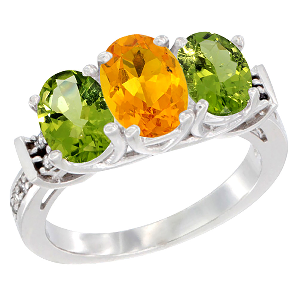 10K White Gold Natural Citrine &amp; Peridot Sides Ring 3-Stone Oval Diamond Accent, sizes 5 - 10