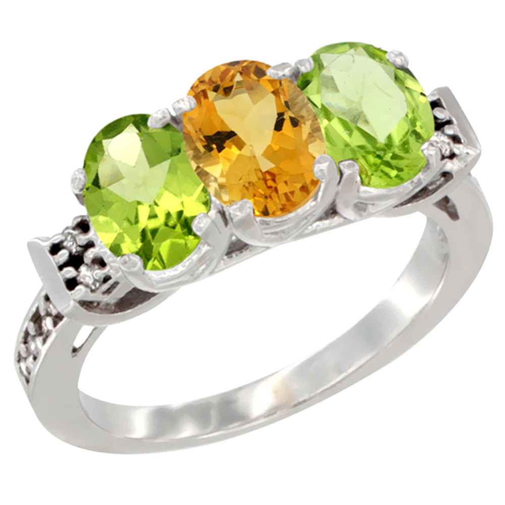 14K White Gold Natural Citrine & Peridot Sides Ring 3-Stone 7x5 mm Oval Diamond Accent, sizes 5 - 10
