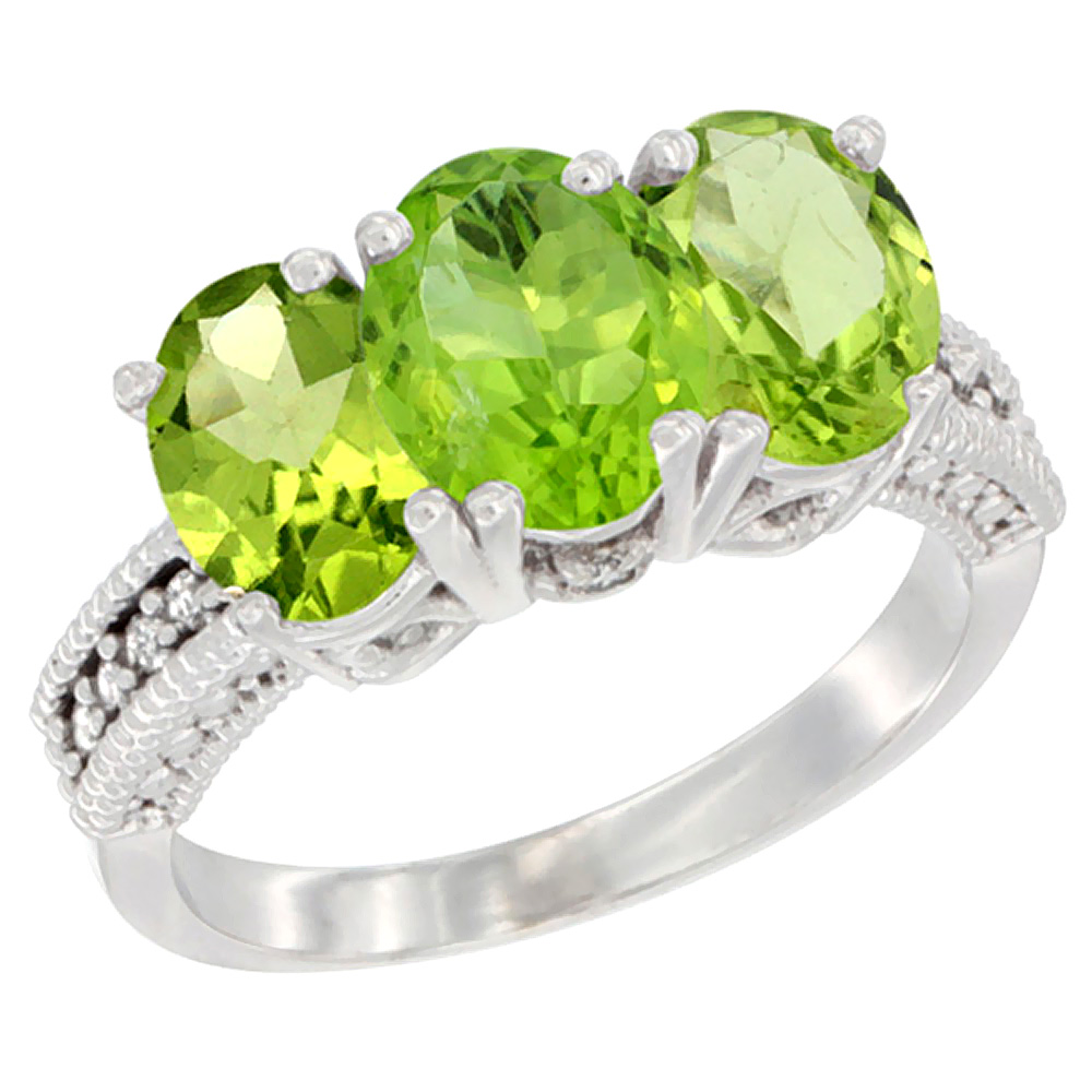 10K White Gold Natural Peridot Ring 3-Stone Oval 7x5 mm Diamond Accent, sizes 5 - 10