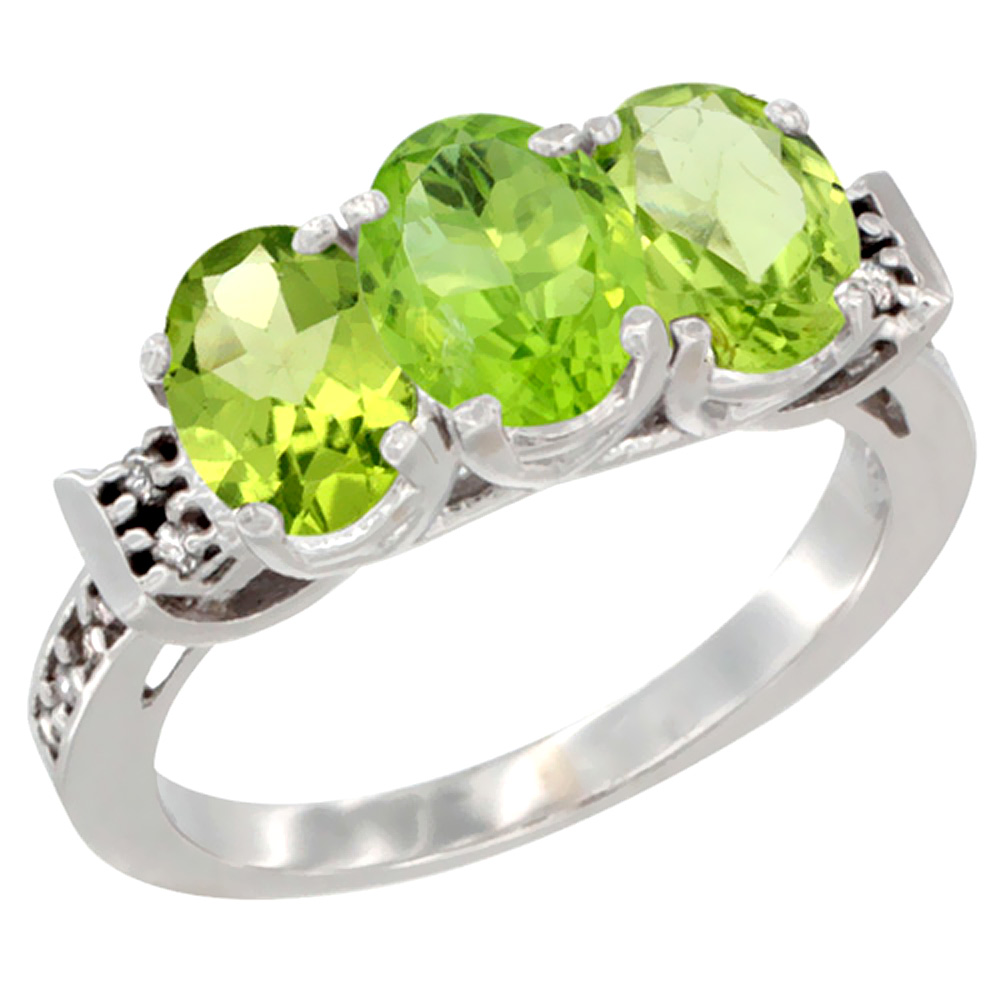 14K White Gold Natural Peridot Ring 3-Stone 7x5 mm Oval Diamond Accent, sizes 5 - 10