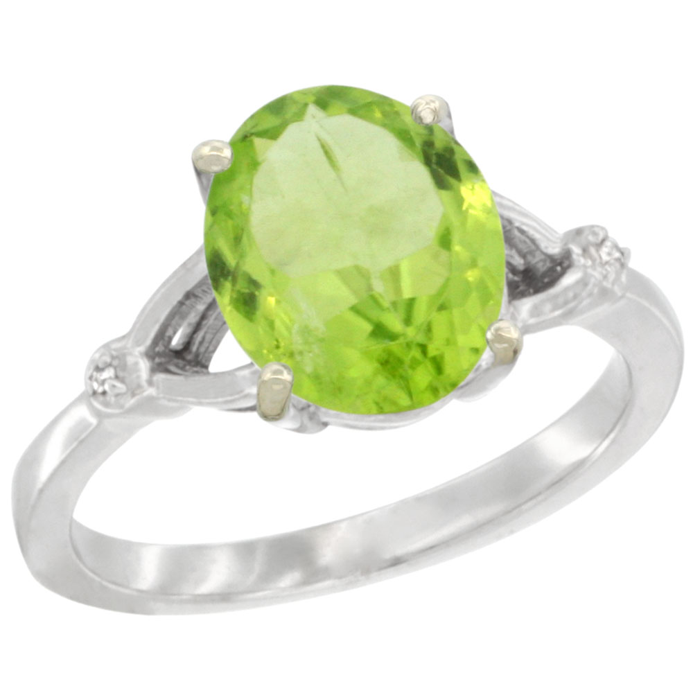 14K WHITE GOLD SIMPLE LARGE 4 PRONG 10X8MM OVAL PERIDOT ENGAGEMENT RING FOR WOMEN 3/8 INCH WIDE SIZES 6-10