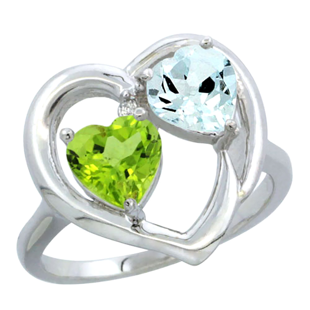 14K White Gold Diamond Two-stone Heart Ring 6mm Natural Peridot & Aquamarine, sizes 5-10