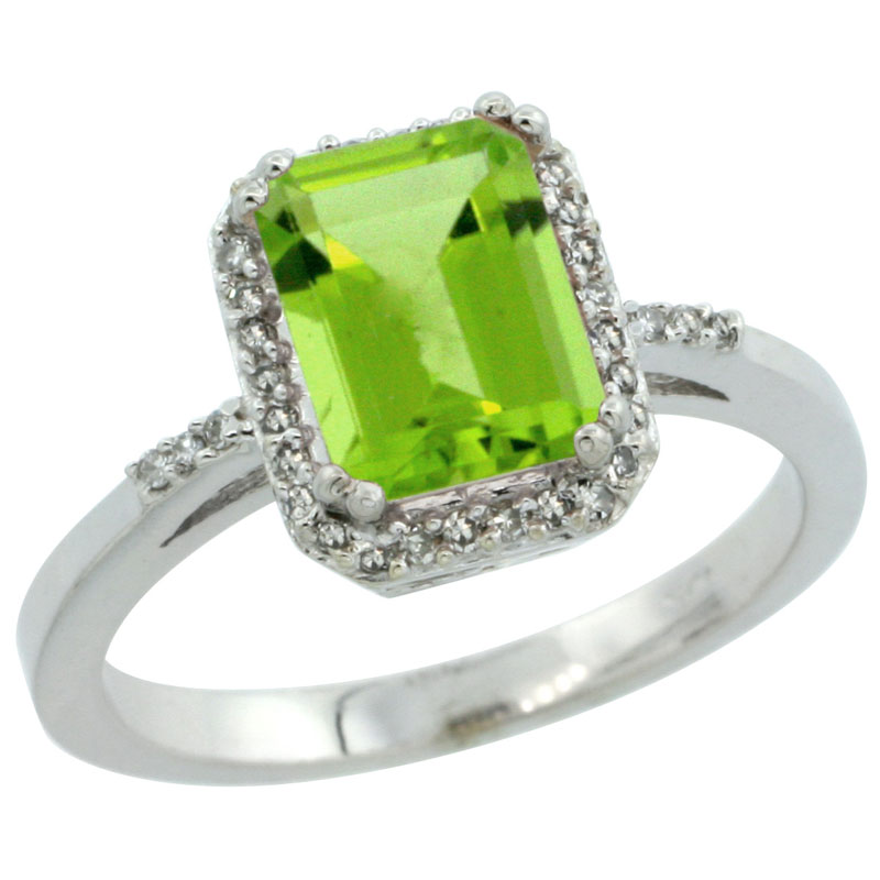 10K White Gold Diamond Natural Peridot Ring Emerald-cut 8x6mm, sizes 5-10