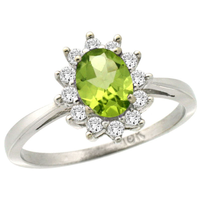 10k White Gold Natural Peridot Engagement Ring Oval 7x5mm Diamond Halo, sizes 5-10