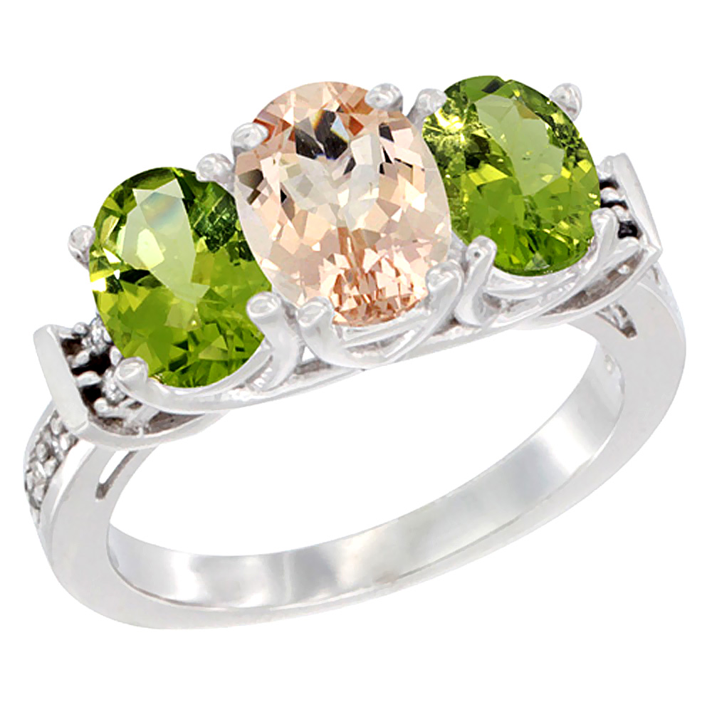10K White Gold Natural Morganite & Peridot Sides Ring 3-Stone Oval Diamond Accent, sizes 5 - 10
