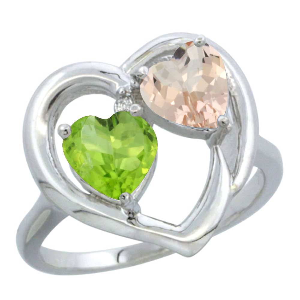 10K White Gold Diamond Two-stone Heart Ring 6mm Natural Peridot &amp; Morganite, sizes 5-10