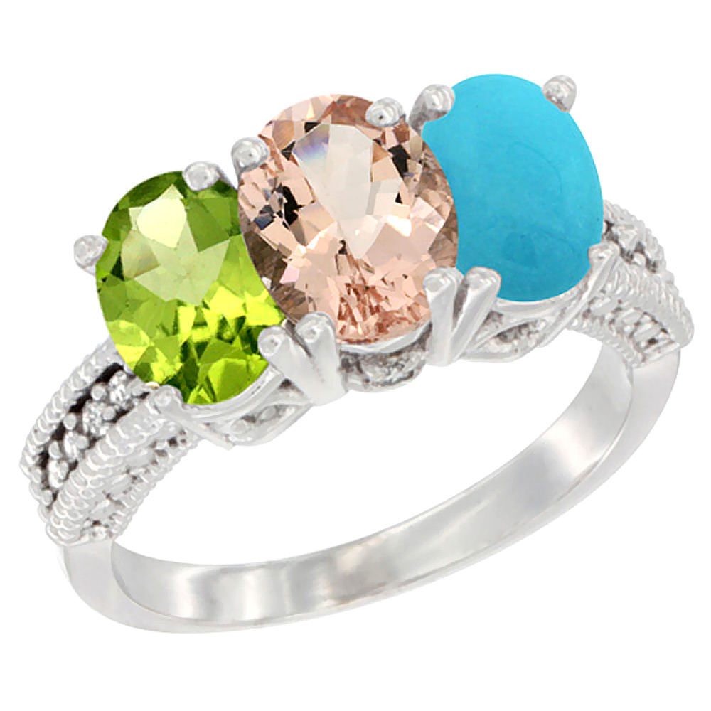 10K White Gold Natural Peridot, Morganite &amp; Turquoise Ring 3-Stone Oval 7x5 mm Diamond Accent, sizes 5 - 10