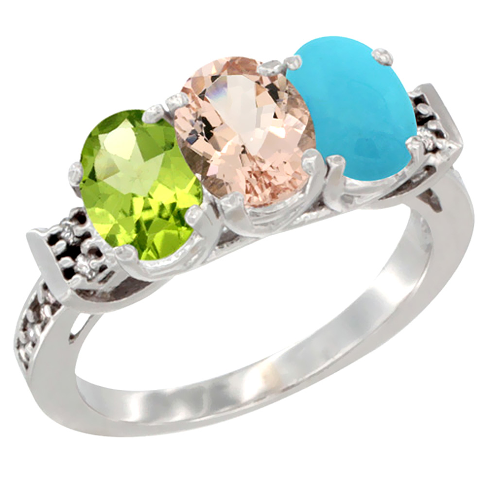 14K White Gold Natural Peridot, Morganite & Turquoise Ring 3-Stone Oval 7x5 mm Diamond Accent, sizes 5 - 10