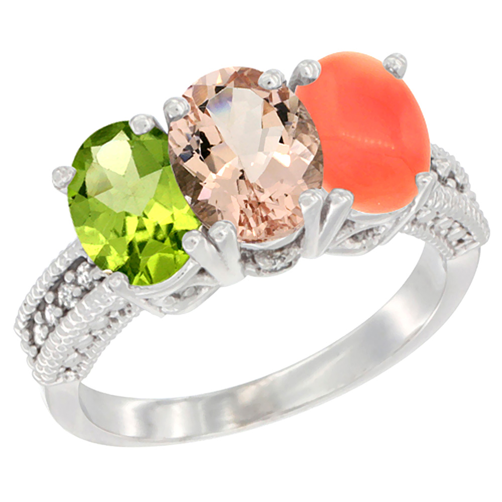 10K White Gold Natural Peridot, Morganite & Coral Ring 3-Stone Oval 7x5 mm Diamond Accent, sizes 5 - 10
