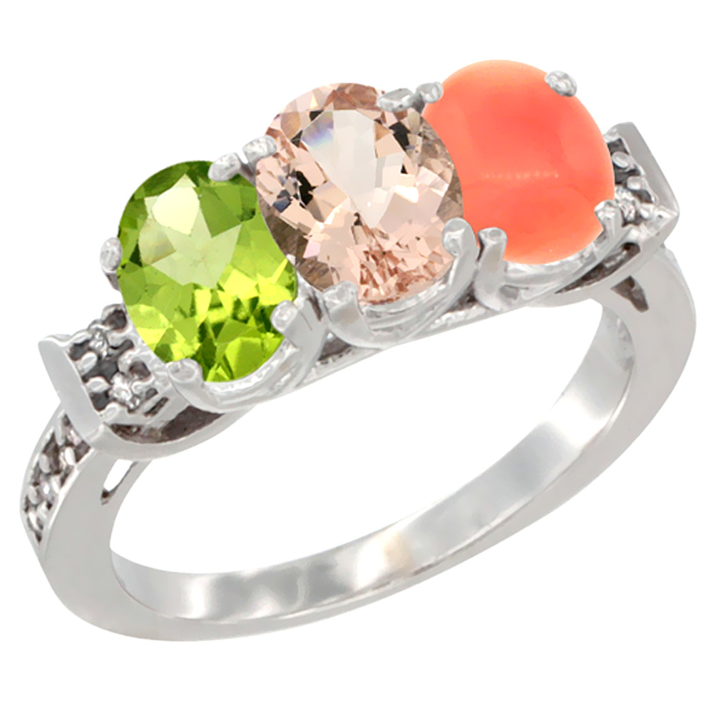 14K White Gold Natural Peridot, Morganite & Coral Ring 3-Stone Oval 7x5 mm Diamond Accent, sizes 5 - 10