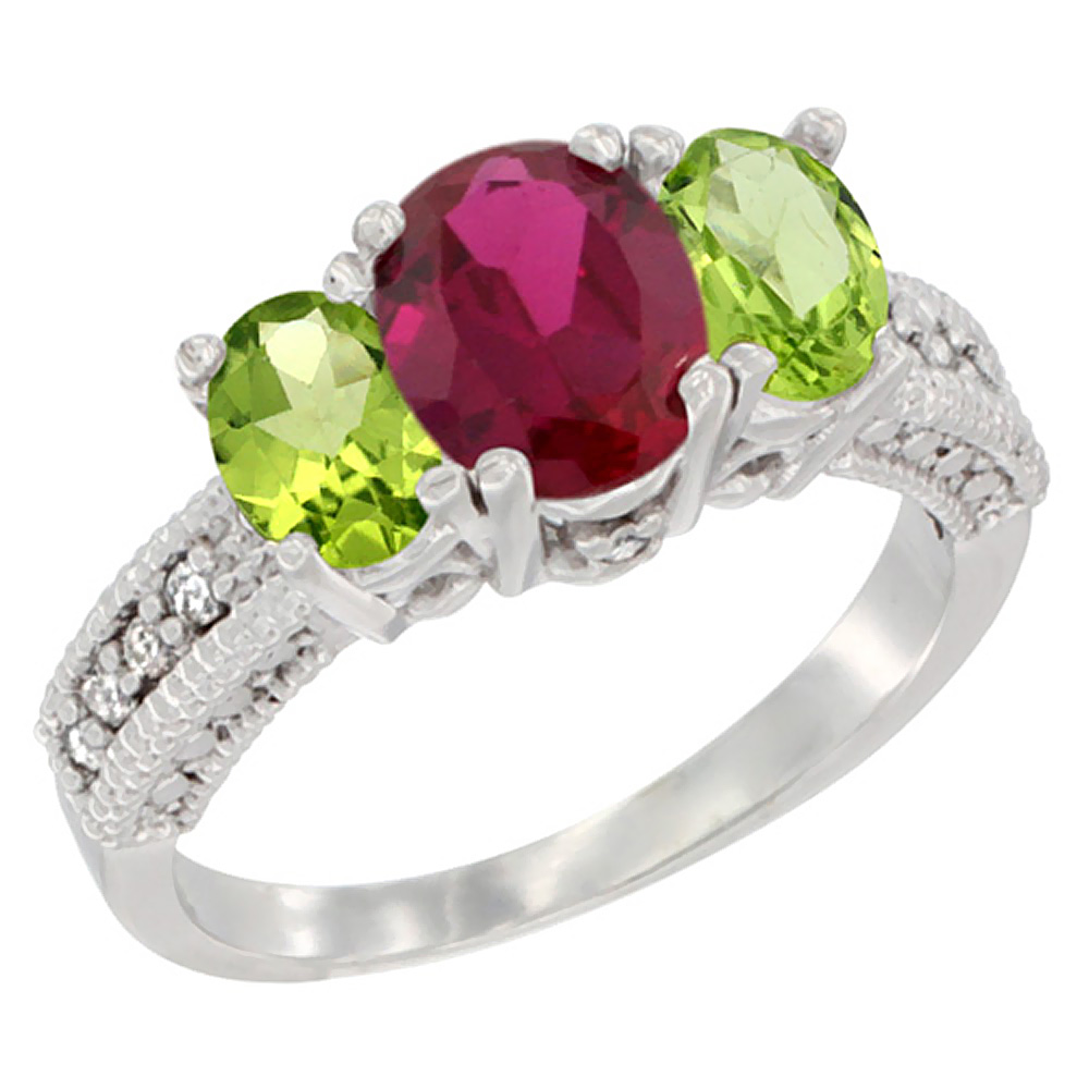 10K White Gold Diamond Enhanced Ruby Ring Oval 3-stone with Peridot, sizes 5 - 10