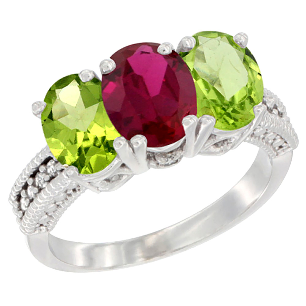 14K White Gold Enhanced Enhanced Ruby &amp; Natural Peridot Sides Ring 3-Stone Oval 7x5 mm Diamond Accent, sizes 5 - 10