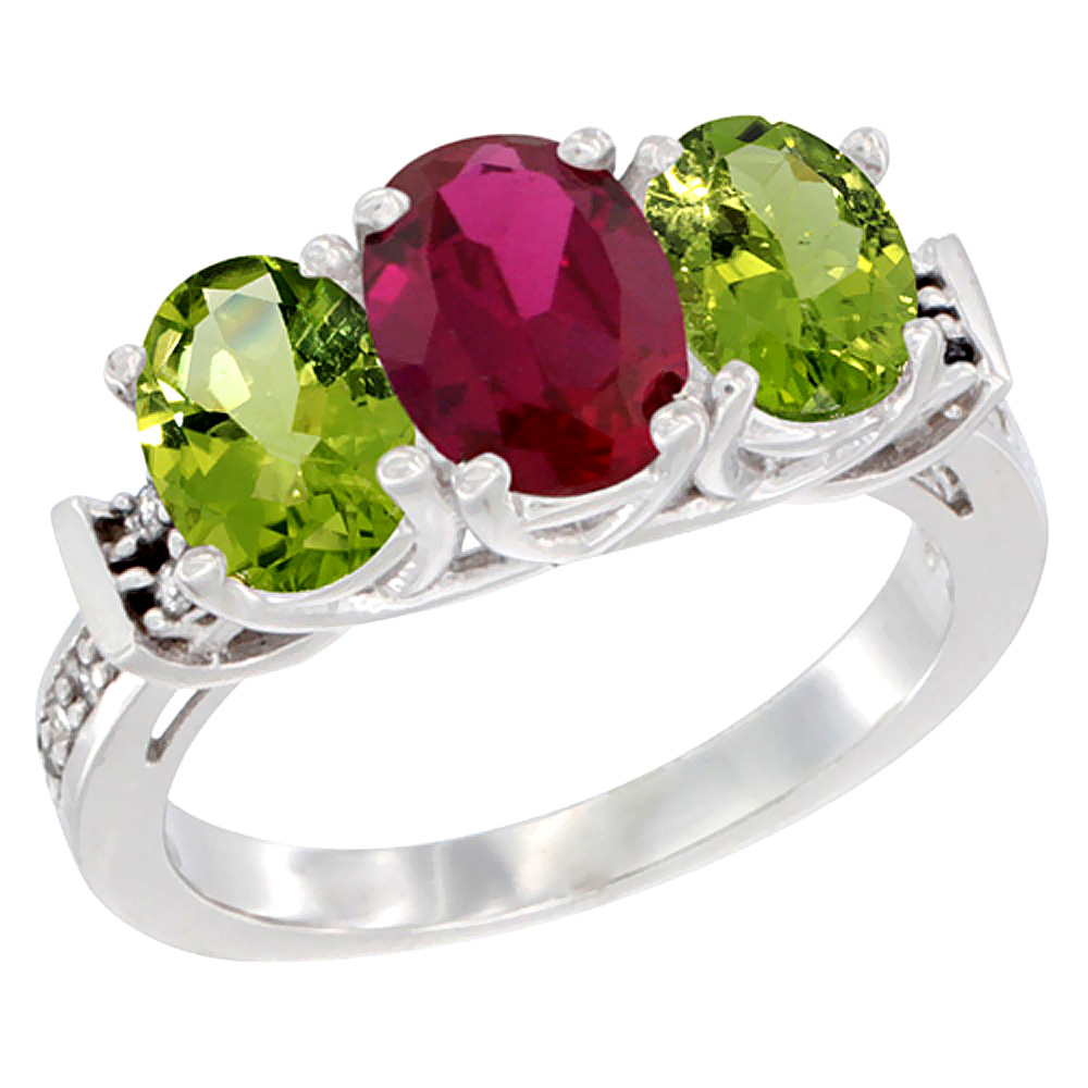 14K White Gold Natural High Quality Ruby &amp; Peridot Sides Ring 3-Stone Oval Diamond Accent, sizes 5 - 10