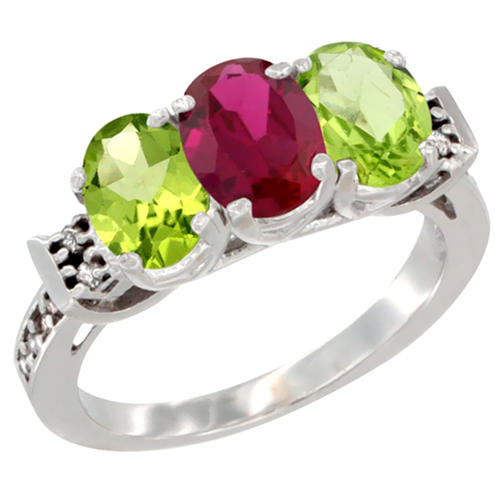 14K White Gold Enhanced Ruby & Natural Peridot Sides Ring 3-Stone Oval 7x5 mm Diamond Accent, sizes 5 - 10