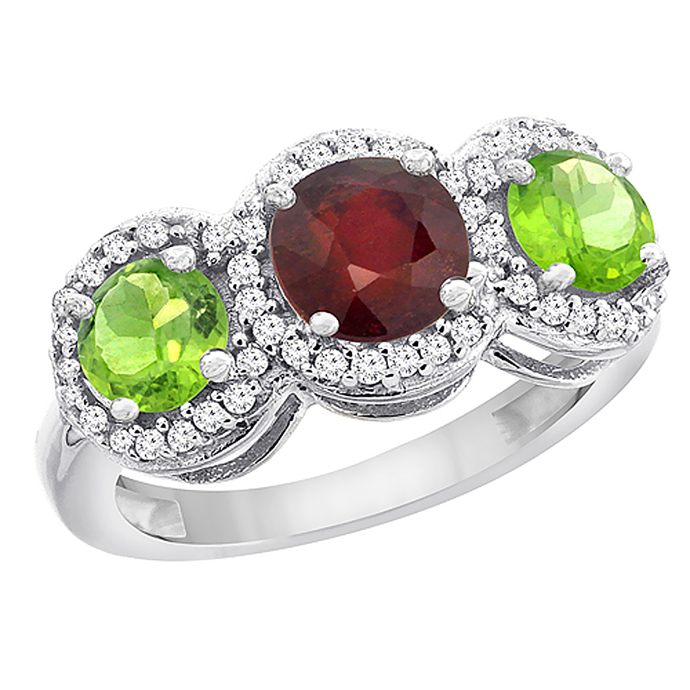10K White Gold Enhanced Ruby & Peridot Sides Round 3-stone Ring Diamond Accents, sizes 5 - 10