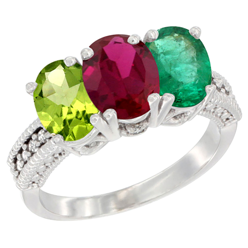 10K White Gold Natural Peridot, Enhanced Ruby & Natural Emerald Ring 3-Stone Oval 7x5 mm Diamond Accent, sizes 5 - 10