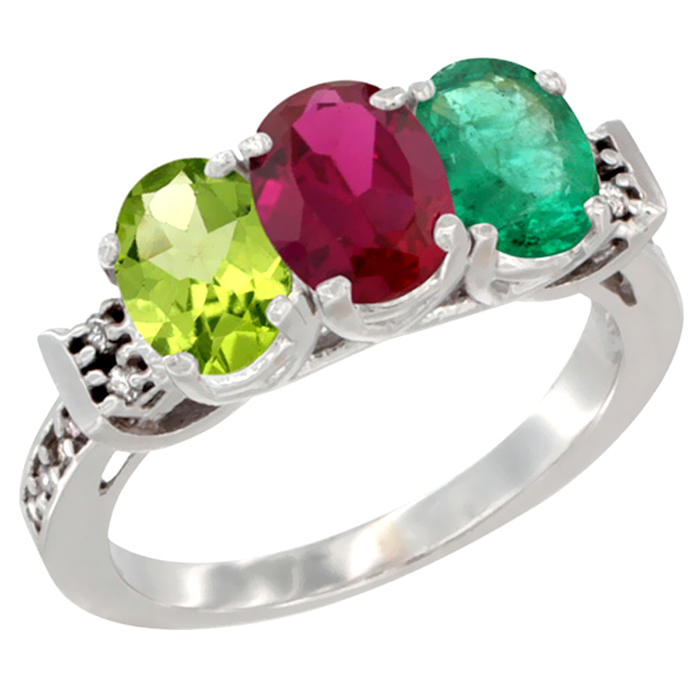 14K White Gold Natural Peridot, Enhanced Ruby & Natural Emerald Ring 3-Stone Oval 7x5 mm Diamond Accent, sizes 5 - 10
