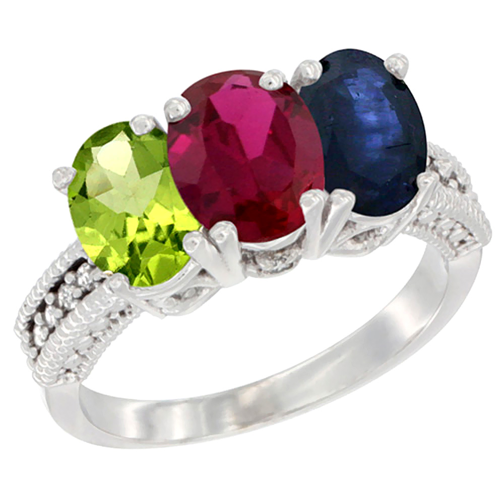 14K White Gold Natural Peridot, Enhanced Ruby &amp; Natural Blue Sapphire Ring 3-Stone Oval 7x5 mm Diamond Accent, sizes 5 - 10