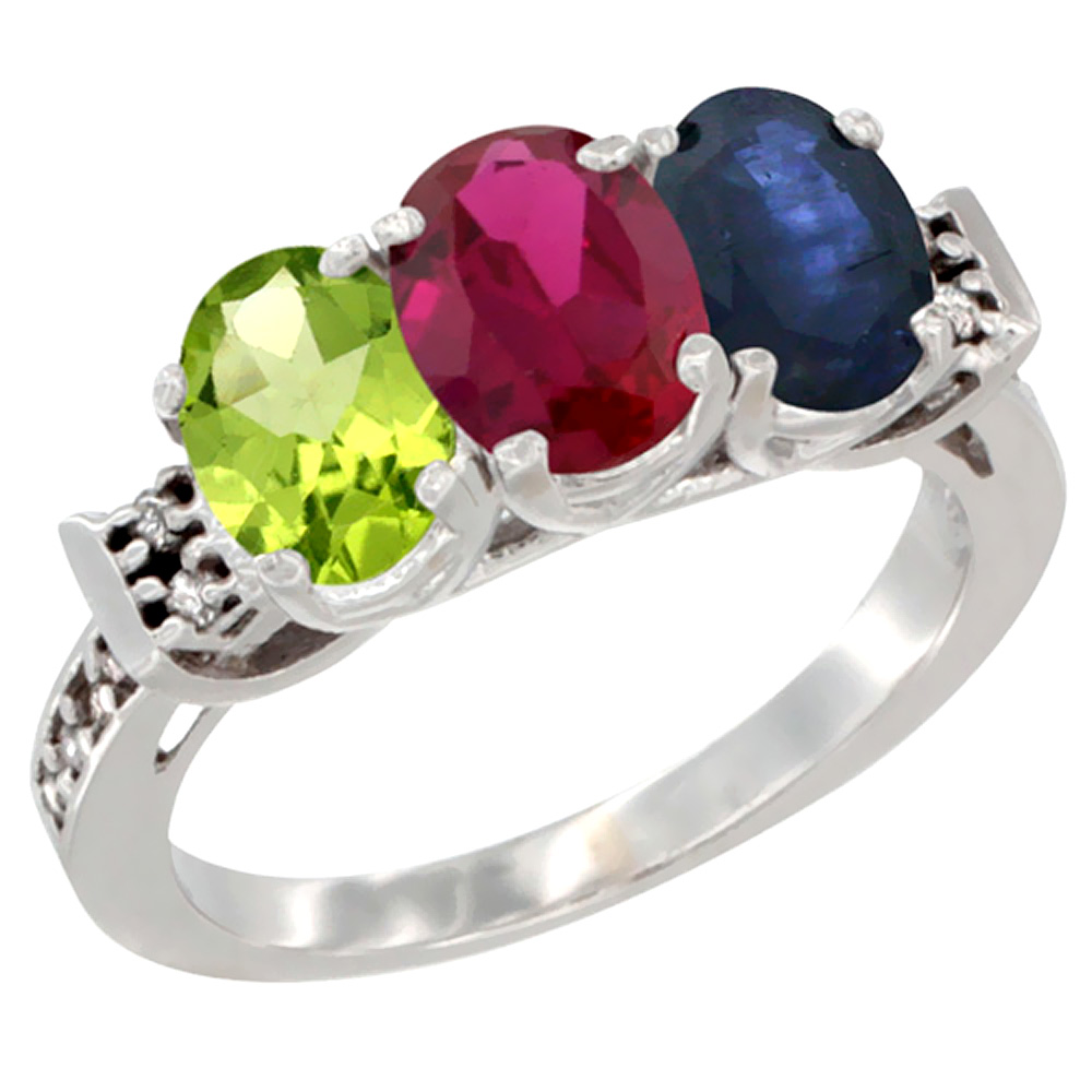 10K White Gold Natural Peridot, Enhanced Ruby &amp; Natural Blue Sapphire Ring 3-Stone Oval 7x5 mm Diamond Accent, sizes 5 - 10