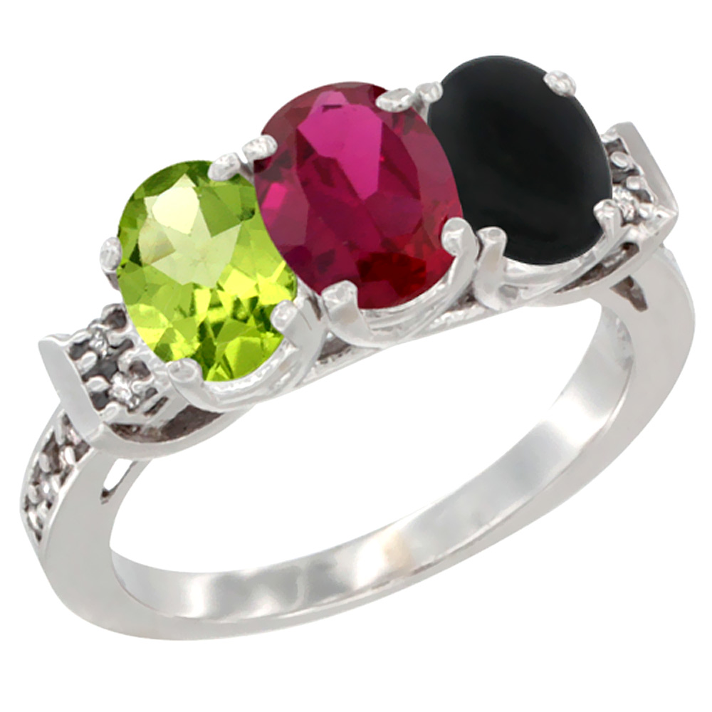 10K White Gold Natural Peridot, Enhanced Ruby & Natural Black Onyx Ring 3-Stone Oval 7x5 mm Diamond Accent, sizes 5 - 10