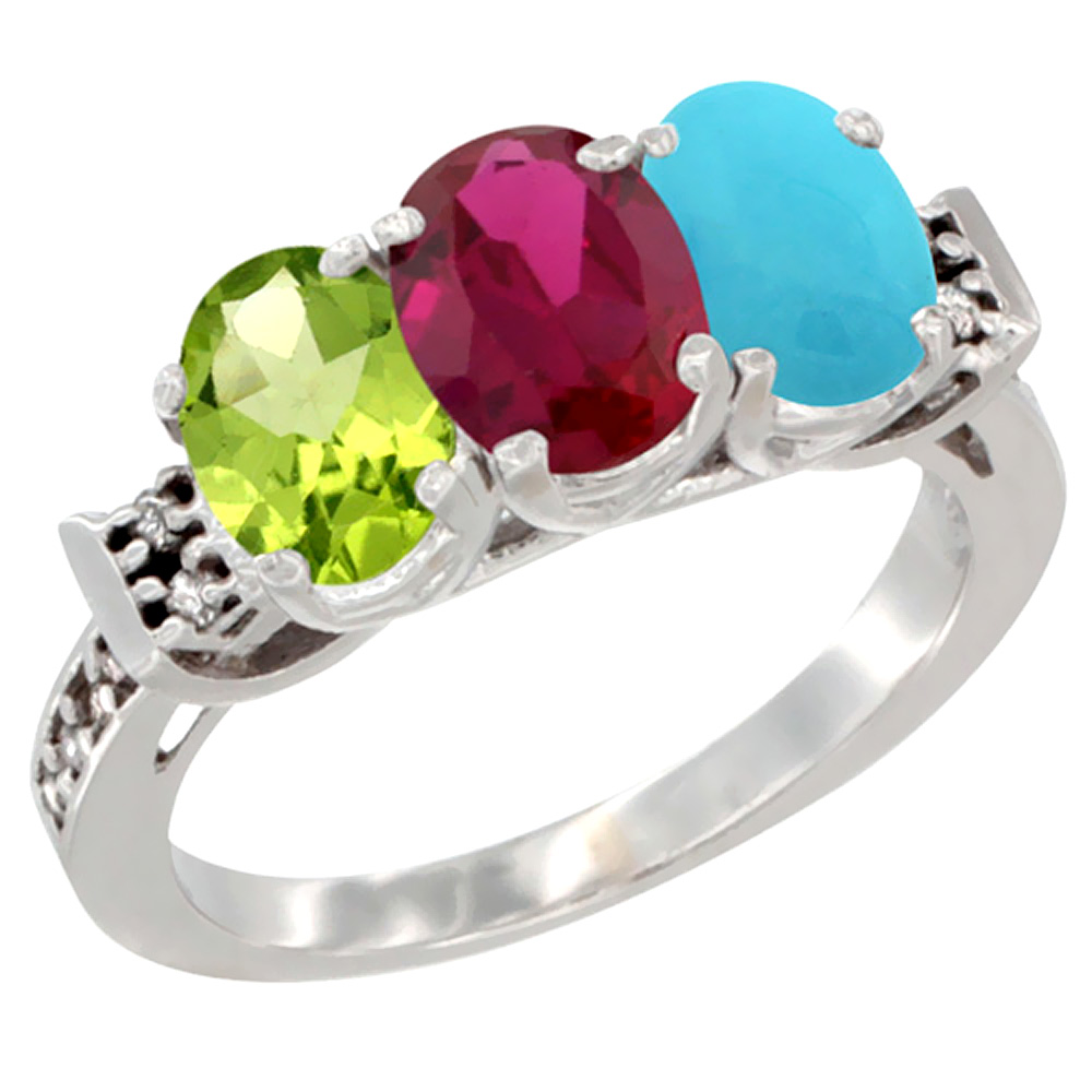 14K White Gold Natural Peridot, Enhanced Ruby &amp; Natural Turquoise Ring 3-Stone Oval 7x5 mm Diamond Accent, sizes 5 - 10