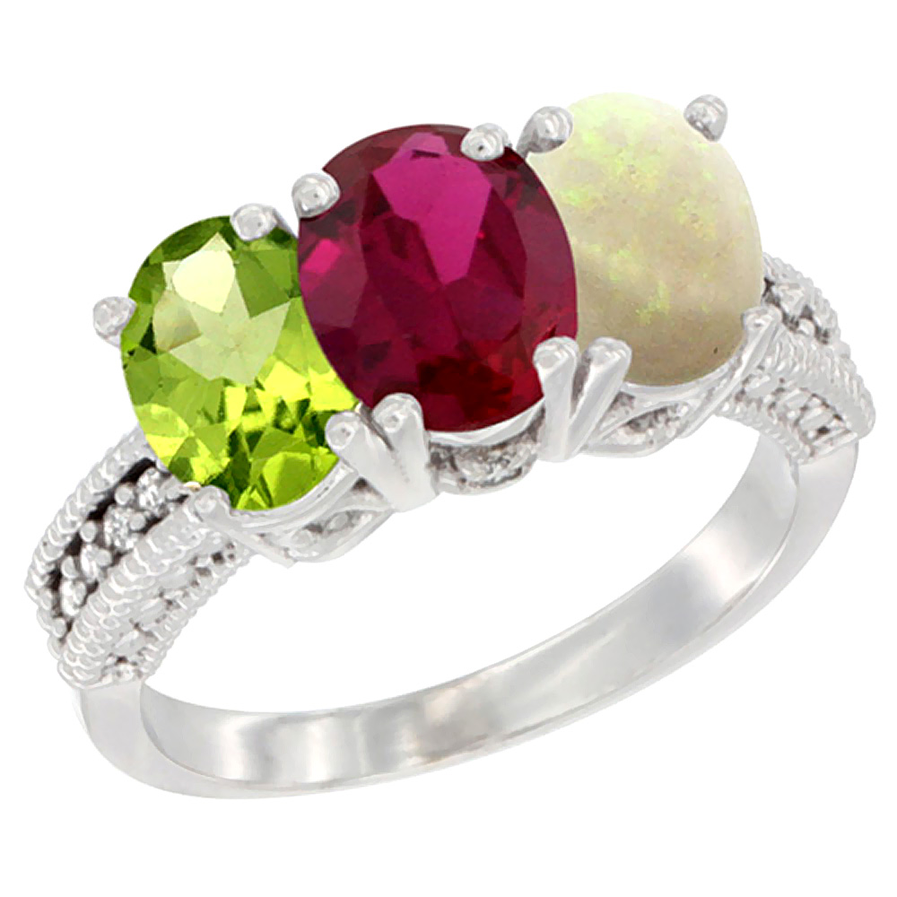 10K White Gold Natural Peridot, Enhanced Ruby & Natural Opal Ring 3-Stone Oval 7x5 mm Diamond Accent, sizes 5 - 10