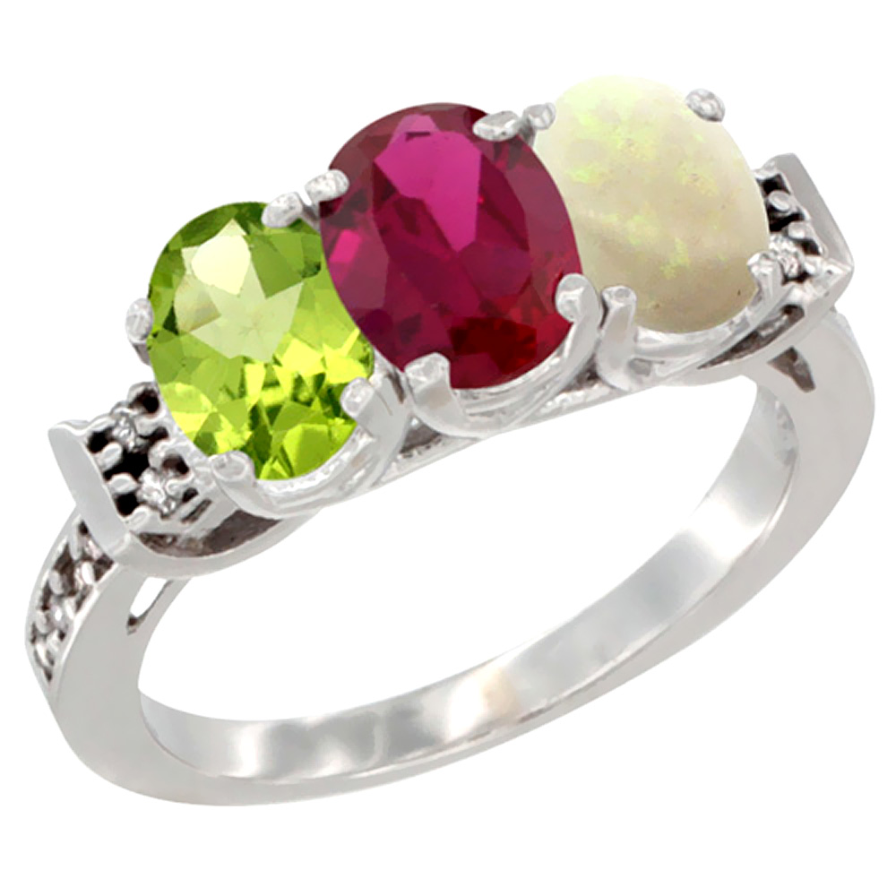 10K White Gold Natural Peridot, Enhanced Ruby &amp; Natural Opal Ring 3-Stone Oval 7x5 mm Diamond Accent, sizes 5 - 10