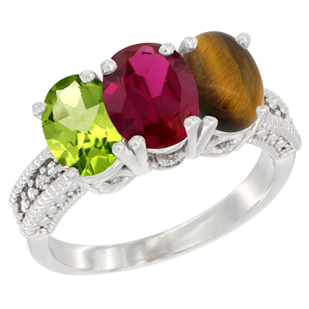 10K White Gold Natural Peridot, Enhanced Ruby & Natural Tiger Eye Ring 3-Stone Oval 7x5 mm Diamond Accent, sizes 5 - 10