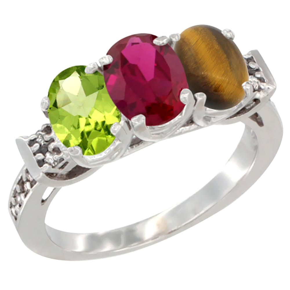 14K White Gold Natural Peridot, Enhanced Ruby & Natural Tiger Eye Ring 3-Stone Oval 7x5 mm Diamond Accent, sizes 5 - 10