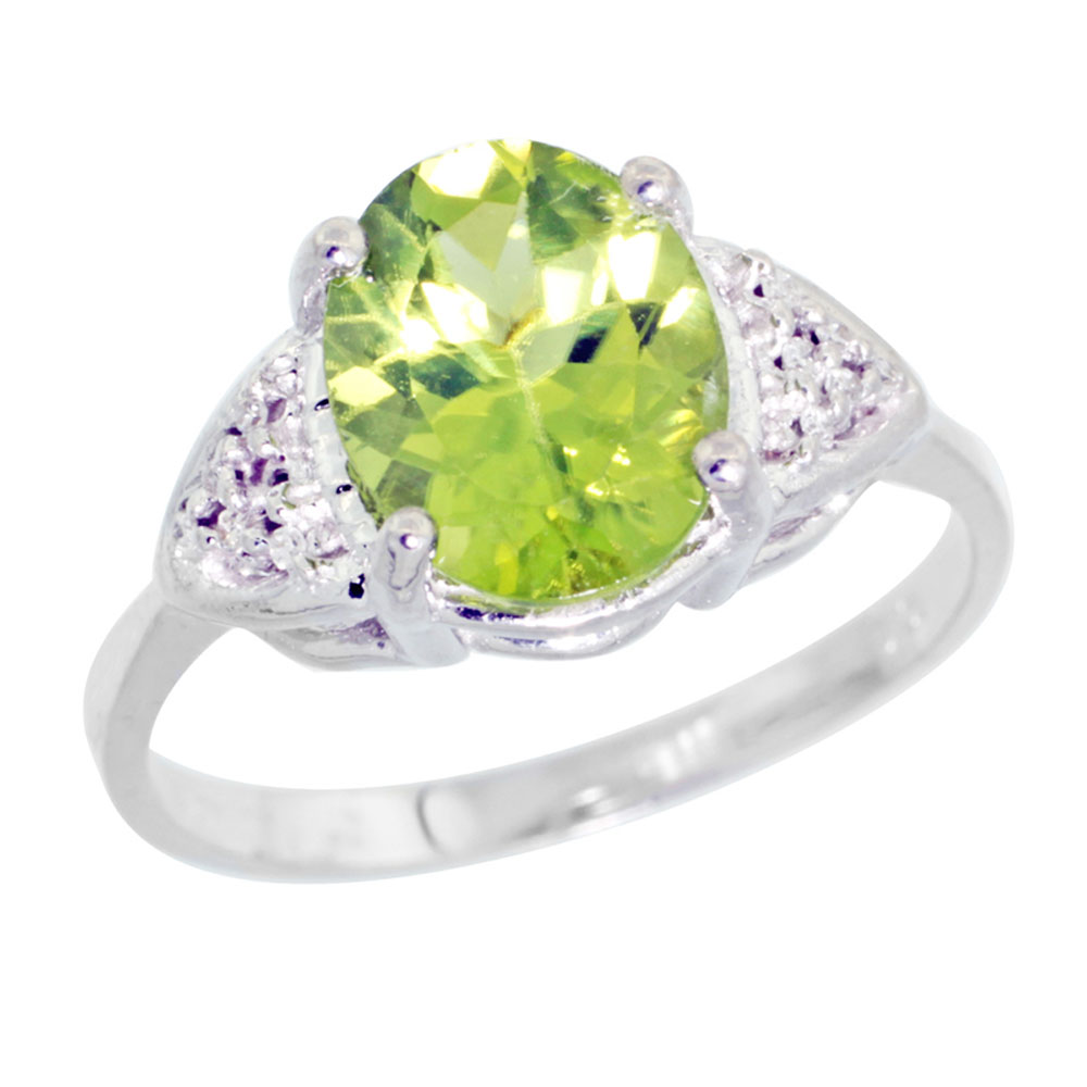 14k White Gold Diamond Natural Peridot Engagement Ring Oval 10x8mm, sizes 5-10