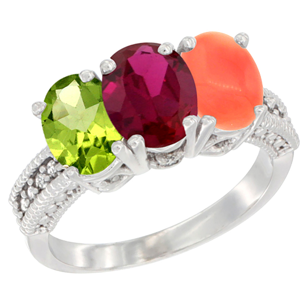 10K White Gold Natural Peridot, Enhanced Ruby & Natural Coral Ring 3-Stone Oval 7x5 mm Diamond Accent, sizes 5 - 10