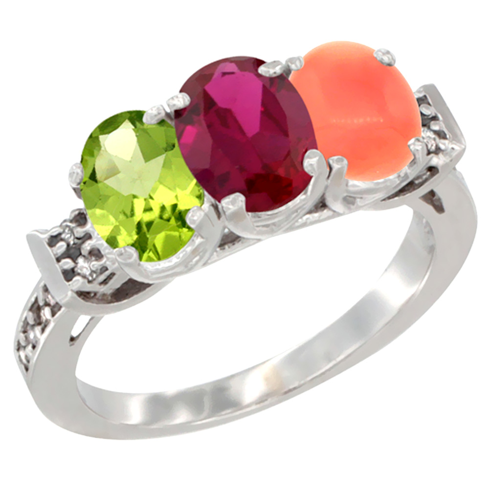 14K White Gold Natural Peridot, Enhanced Ruby & Natural Coral Ring 3-Stone Oval 7x5 mm Diamond Accent, sizes 5 - 10