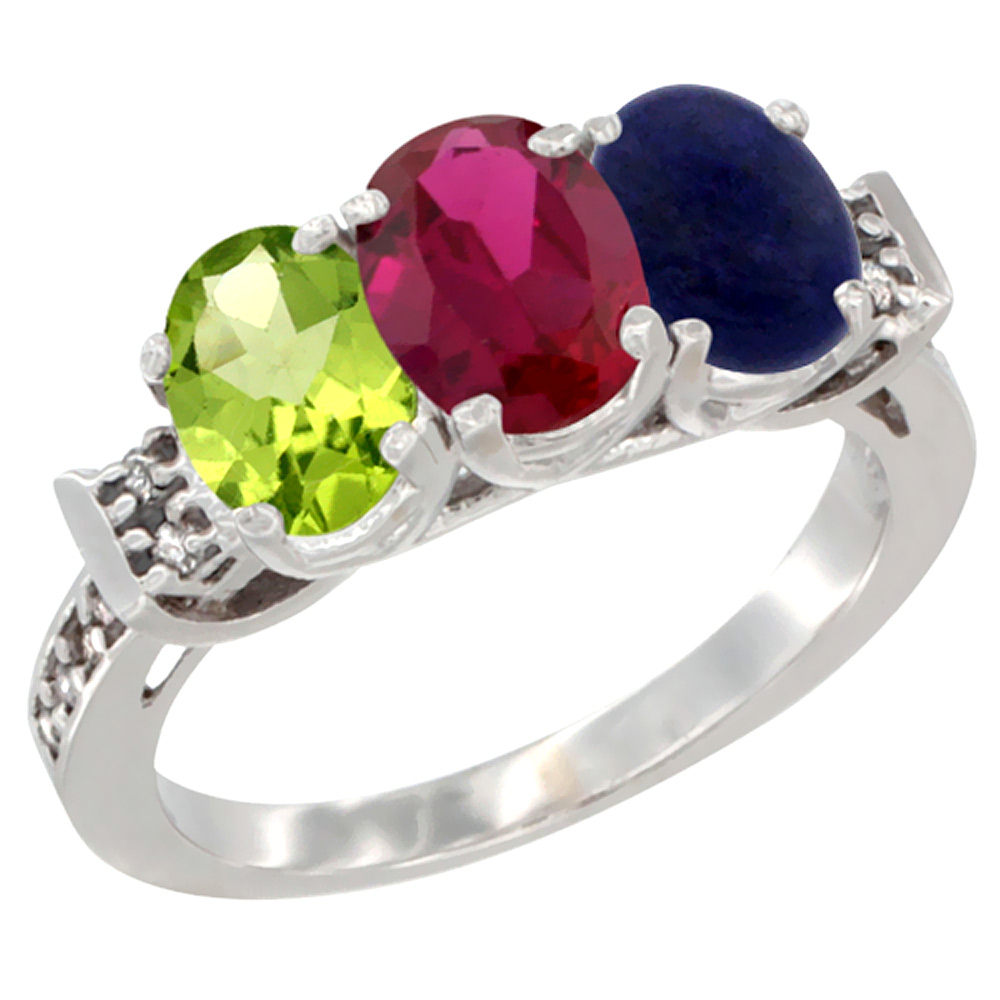 14K White Gold Natural Peridot, Enhanced Ruby & Natural Lapis Ring 3-Stone Oval 7x5 mm Diamond Accent, sizes 5 - 10