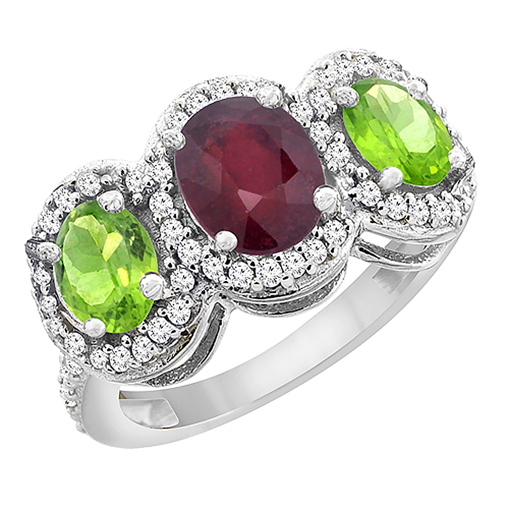 14K White Gold Natural Quality Ruby 3-stone Mothers Ring Oval Diamond Accent, size 5 - 10