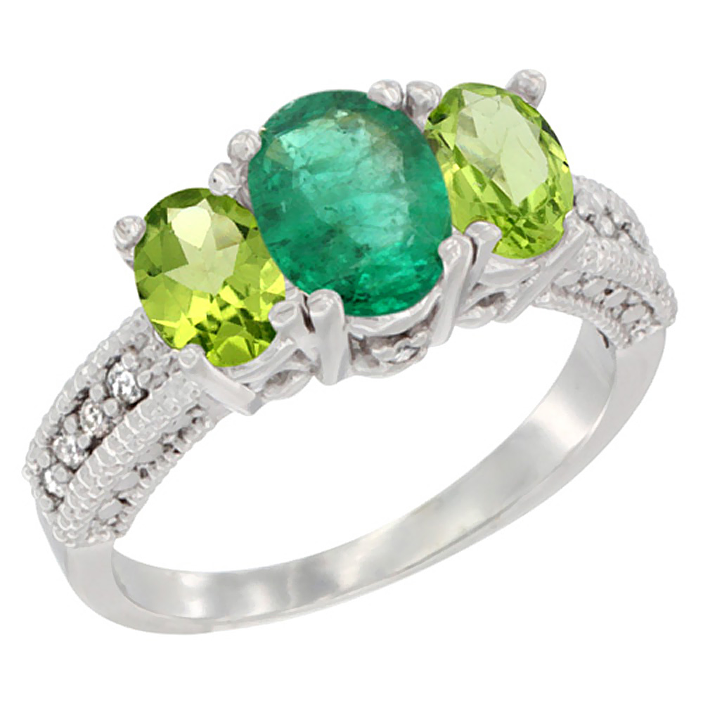 10K White Gold Diamond Natural Emerald Ring Oval 3-stone with Peridot, sizes 5 - 10