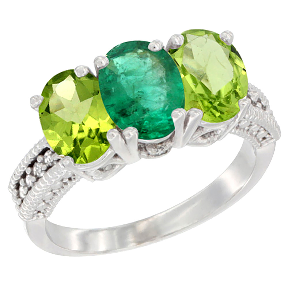 14K White Gold Natural Emerald &amp; Peridot Sides Ring 3-Stone Oval 7x5 mm Diamond Accent, sizes 5 - 10