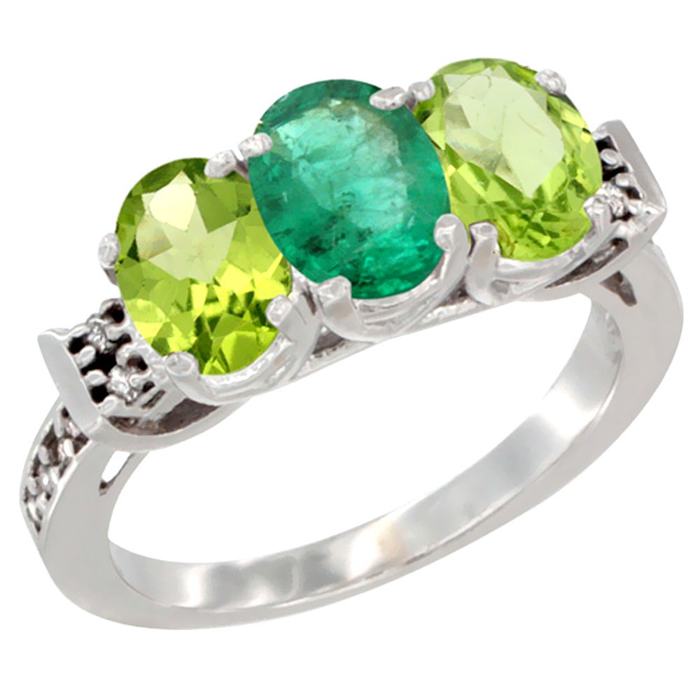 14K White Gold Natural Emerald & Peridot Sides Ring 3-Stone Oval 7x5 mm Diamond Accent, sizes 5 - 10