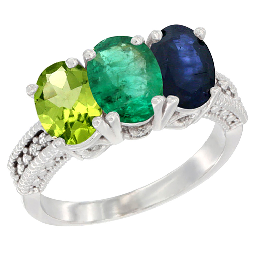 14K White Gold Natural Peridot, Emerald &amp; Blue Sapphire Ring 3-Stone Oval 7x5 mm Diamond Accent, sizes 5 - 10